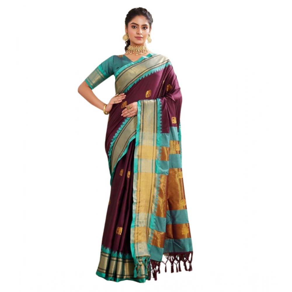 Generic Women's Silk Blended Jaquard Woven Saree With Unstitched Blouse 5.5Mtr (Purple) - Image 2