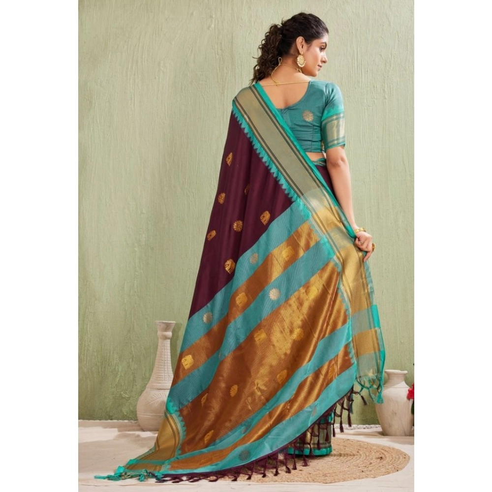 Generic Women's Silk Blended Jaquard Woven Saree With Unstitched Blouse 5.5Mtr (Purple) - Image 5