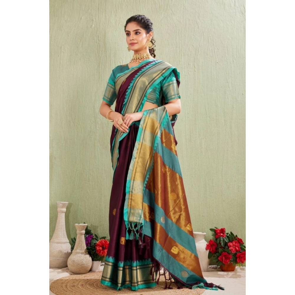 Generic Women's Silk Blended Jaquard Woven Saree With Unstitched Blouse 5.5Mtr (Purple) - Image 3