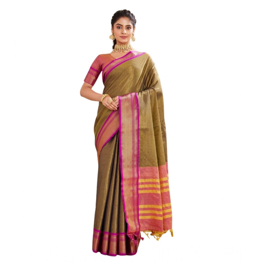 Generic Women's Silk Blended Jaquard Woven Saree With Unstitched Blouse 5.5Mtr (Green) - Image 2