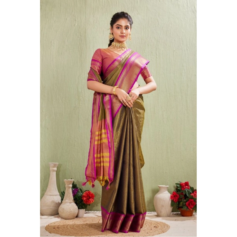 Generic Women's Silk Blended Jaquard Woven Saree With Unstitched Blouse 5.5Mtr (Green) - Image 5