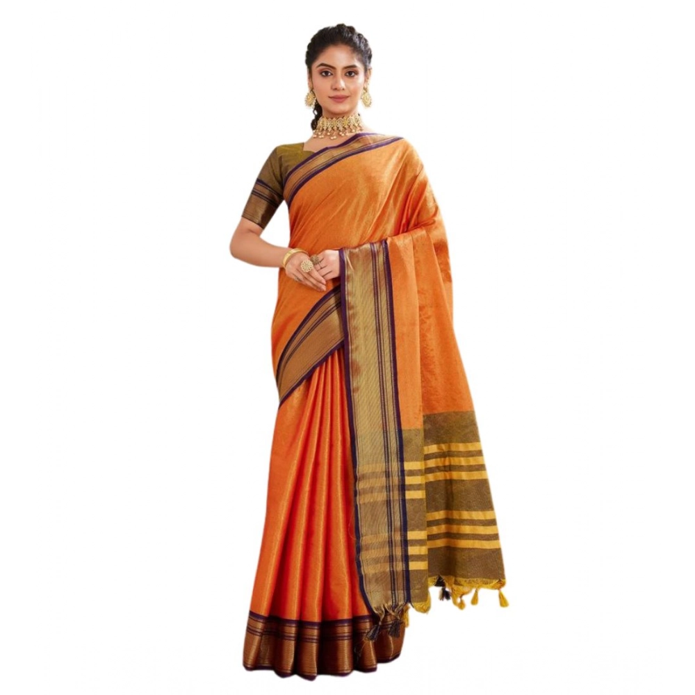 Generic Women's Silk Blended Jaquard Woven Saree With Unstitched Blouse 5.5Mtr (Orange) - Image 2