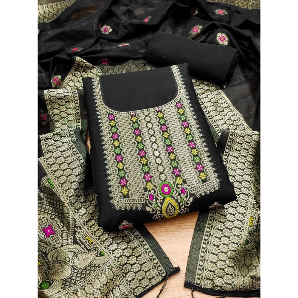 Generic Women's Banarasi Silk Printed Unstitched Salwar Suit Material With Dupatta (Black, 3Mtrs) - Image 3