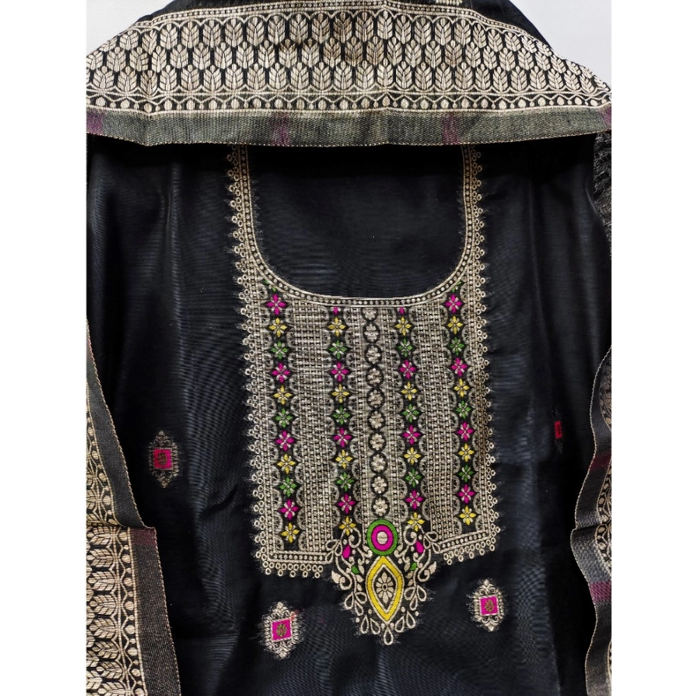 Generic Women's Banarasi Silk Printed Unstitched Salwar Suit Material With Dupatta (Black, 3Mtrs) - Image 4