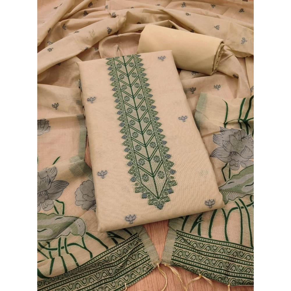 Generic Women's Banarasi Silk Printed Unstitched Salwar Suit Material With Dupatta (Cream, 3Mtrs)