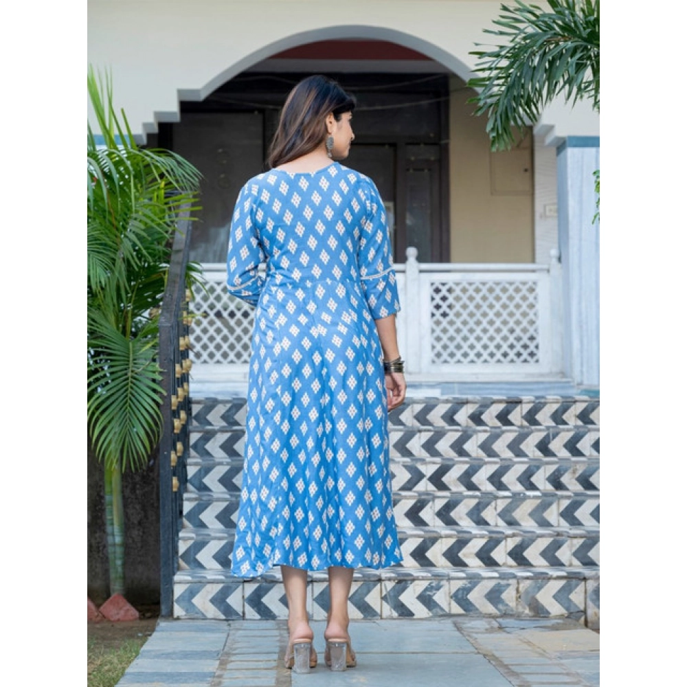 Generic Women's Rayon Print With Embroidery Work A-Line Kurti (Sky Blue) - Image 4