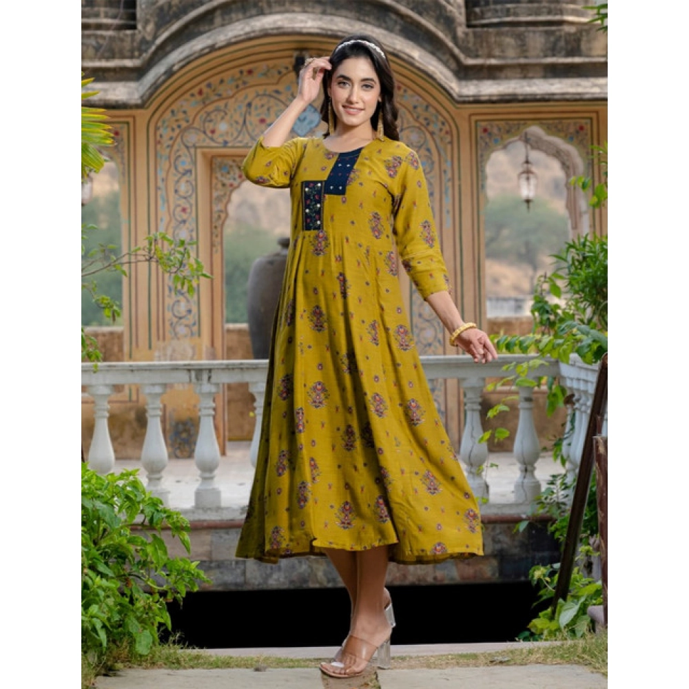 Generic Women's Rayon Print With Embroidery Work A-Line Kurti (Mehendi) - Image 3