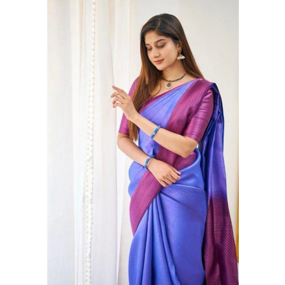 Generic Women's Soft Lichi Silk Printed Saree With Unstitched Blouse 5.5Mtr (Blue) - Image 2
