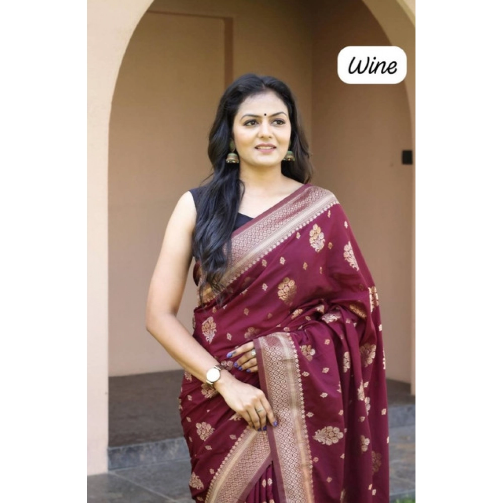 Generic Women's Soft Lichi Silk Printed Saree With Unstitched Blouse 5.5Mtr (Wine) - Image 2