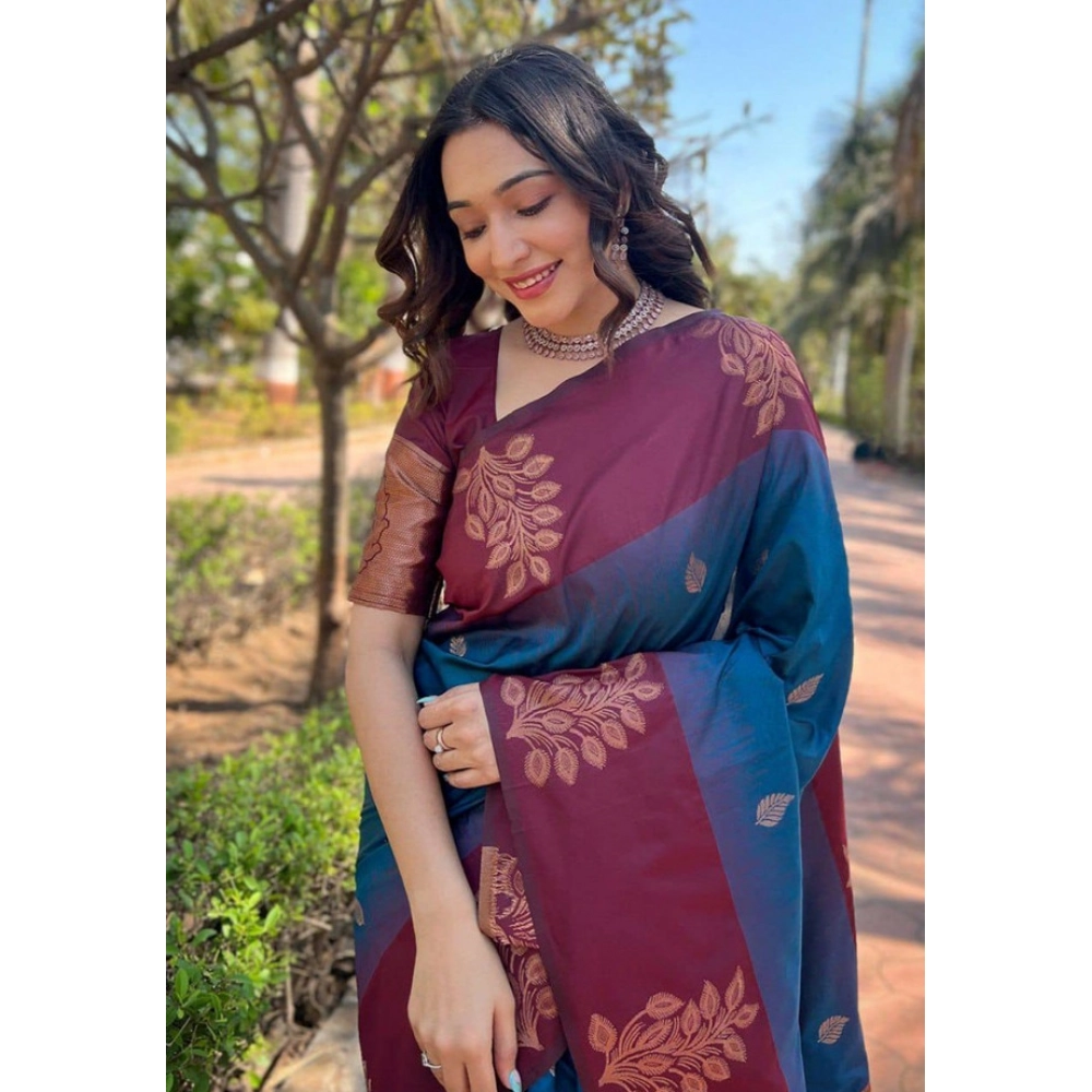 Generic Women's Soft Lichi Silk Printed Saree With Unstitched Blouse 5.5Mtr (Blue) - Image 2