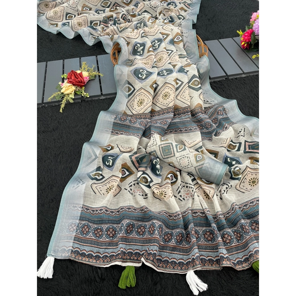 Generic Women's Linen Cotton Printed Saree With Unstitched Blouse 5.5MtrĀ (Grey)