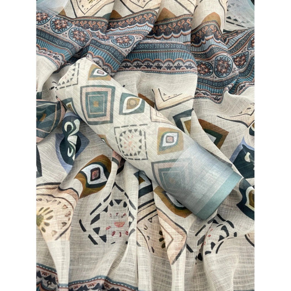 Generic Women's Linen Cotton Printed Saree With Unstitched Blouse 5.5MtrĀ (Grey) - Image 2
