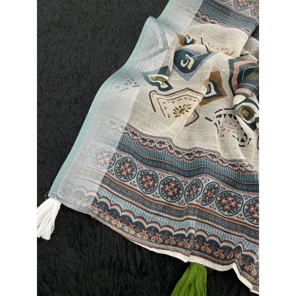 Generic Women's Linen Cotton Printed Saree With Unstitched Blouse 5.5MtrĀ (Grey) - Image 3
