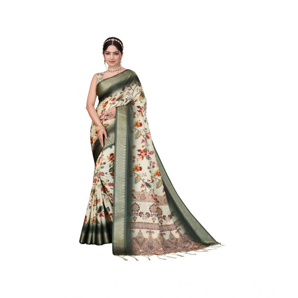 Generic Women's Cotton Silk Printed Saree With Unstitched Blouse 5.5MtrĀ (Green)