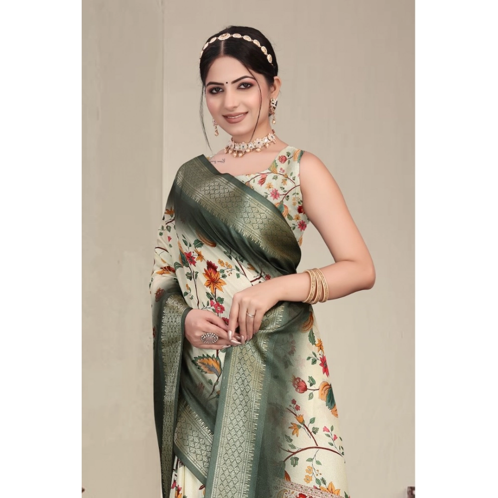 Generic Women's Cotton Silk Printed Saree With Unstitched Blouse 5.5MtrĀ (Green) - Image 4