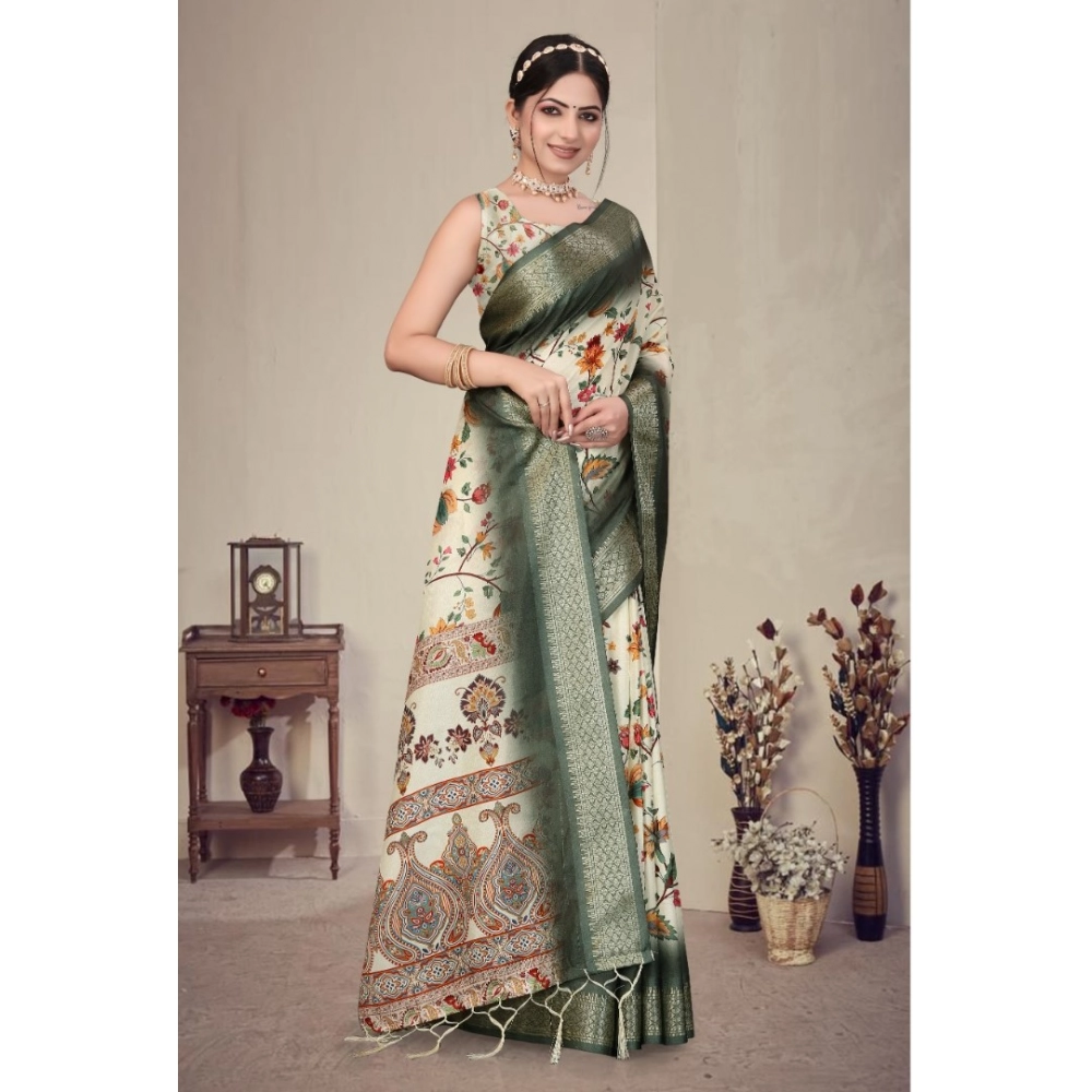 Generic Women's Cotton Silk Printed Saree With Unstitched Blouse 5.5MtrĀ (Green) - Image 2