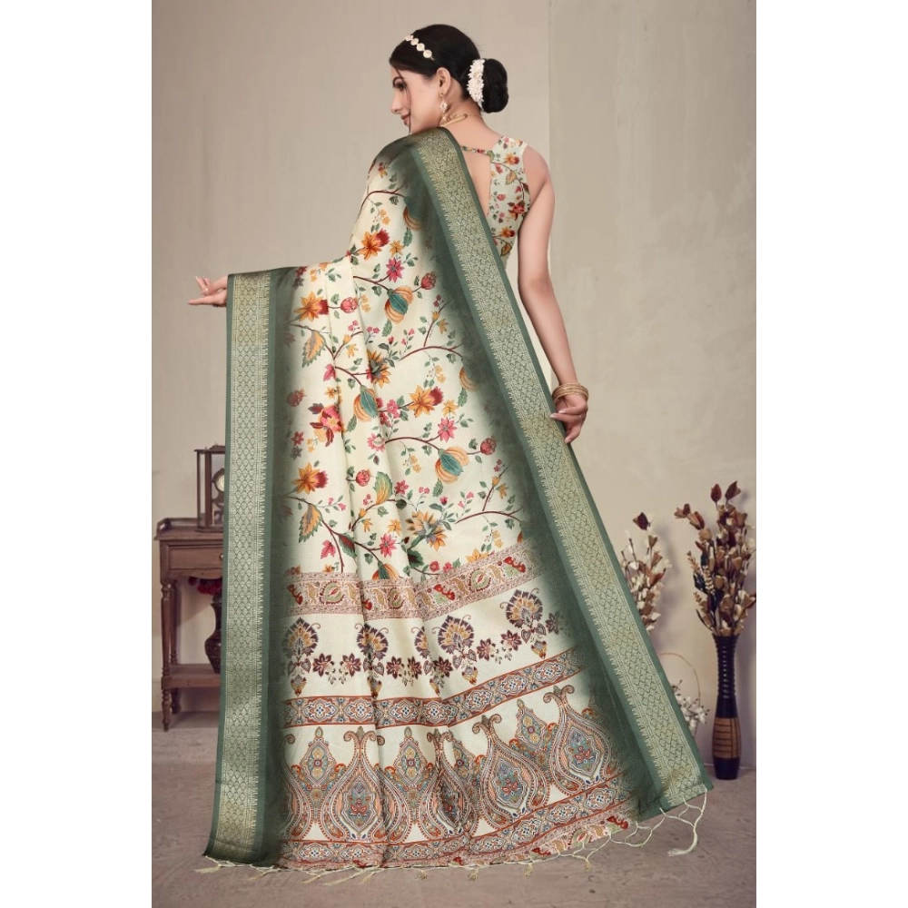 Generic Women's Cotton Silk Printed Saree With Unstitched Blouse 5.5MtrĀ (Green) - Image 3