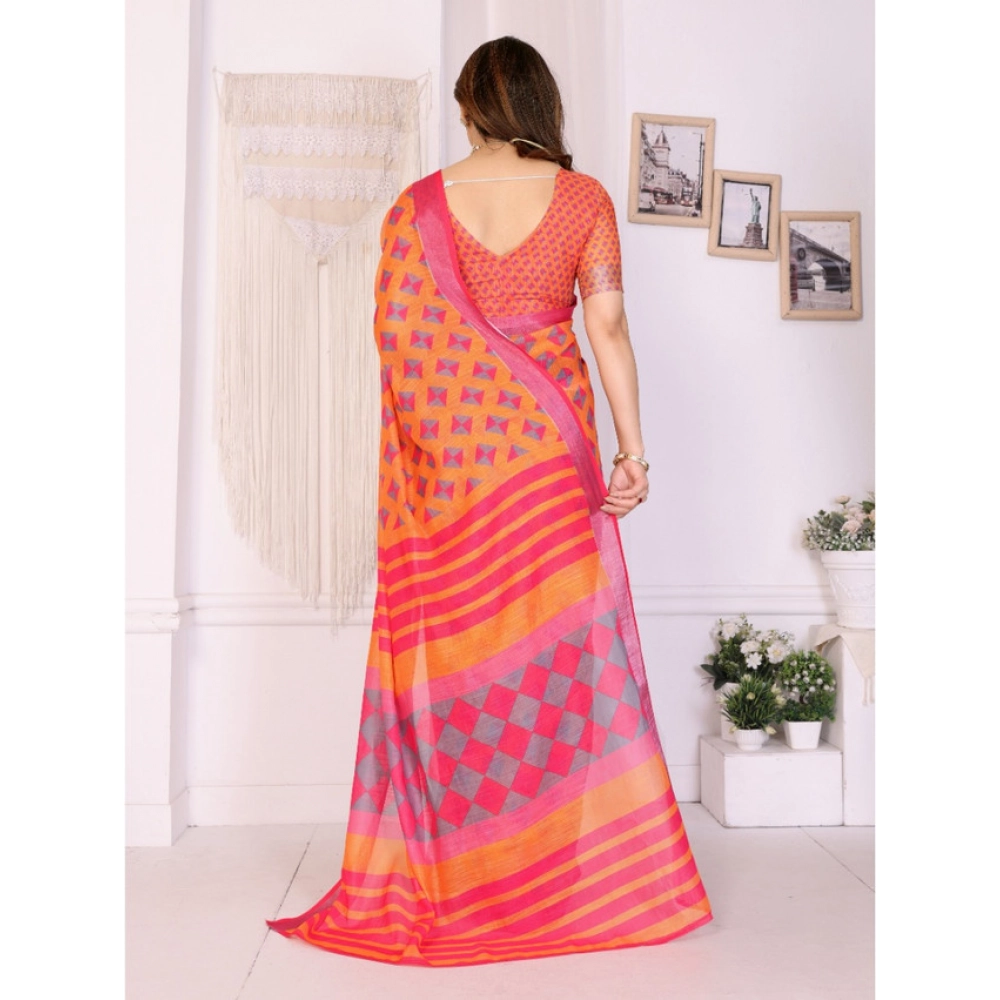 Generic Women's Linen Cotton Printed Saree With Unstitched Blouse 5.5Mtr (Orange ) - Image 3