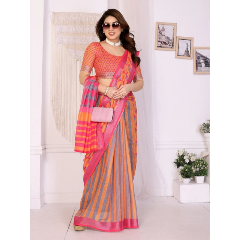 Generic Women's Linen Cotton Printed Saree With Unstitched Blouse 5.5Mtr (Orange ) - Image 2