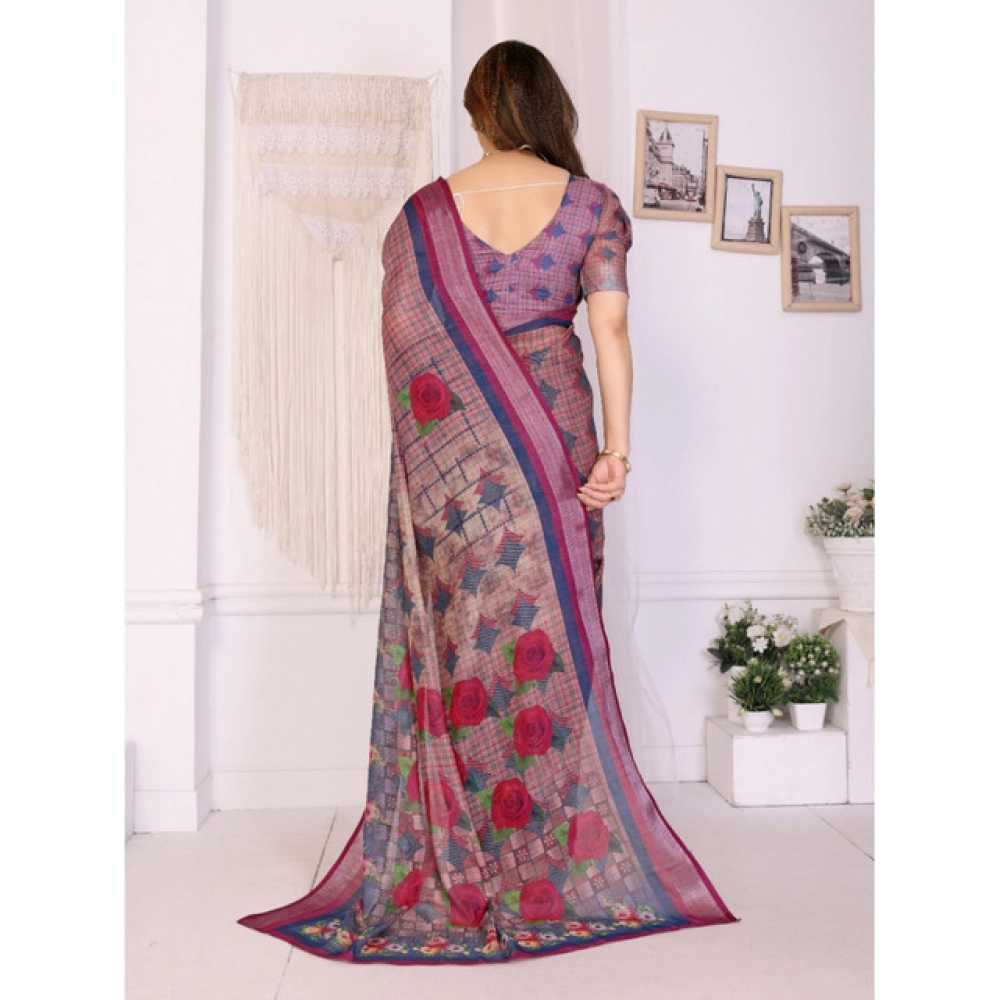 Generic Women's Linen Cotton Printed Saree With Unstitched Blouse 5.5Mtr (Wine ) - Image 4