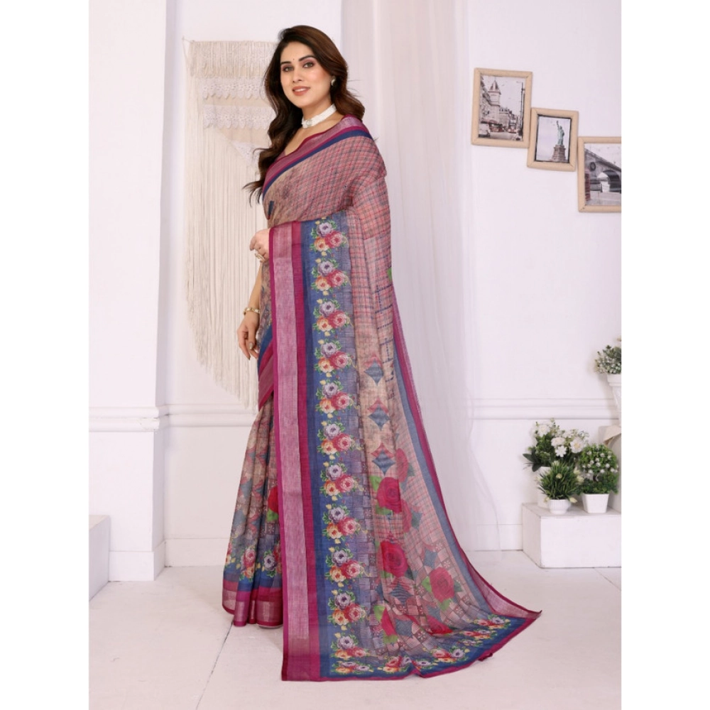 Generic Women's Linen Cotton Printed Saree With Unstitched Blouse 5.5Mtr (Wine ) - Image 2