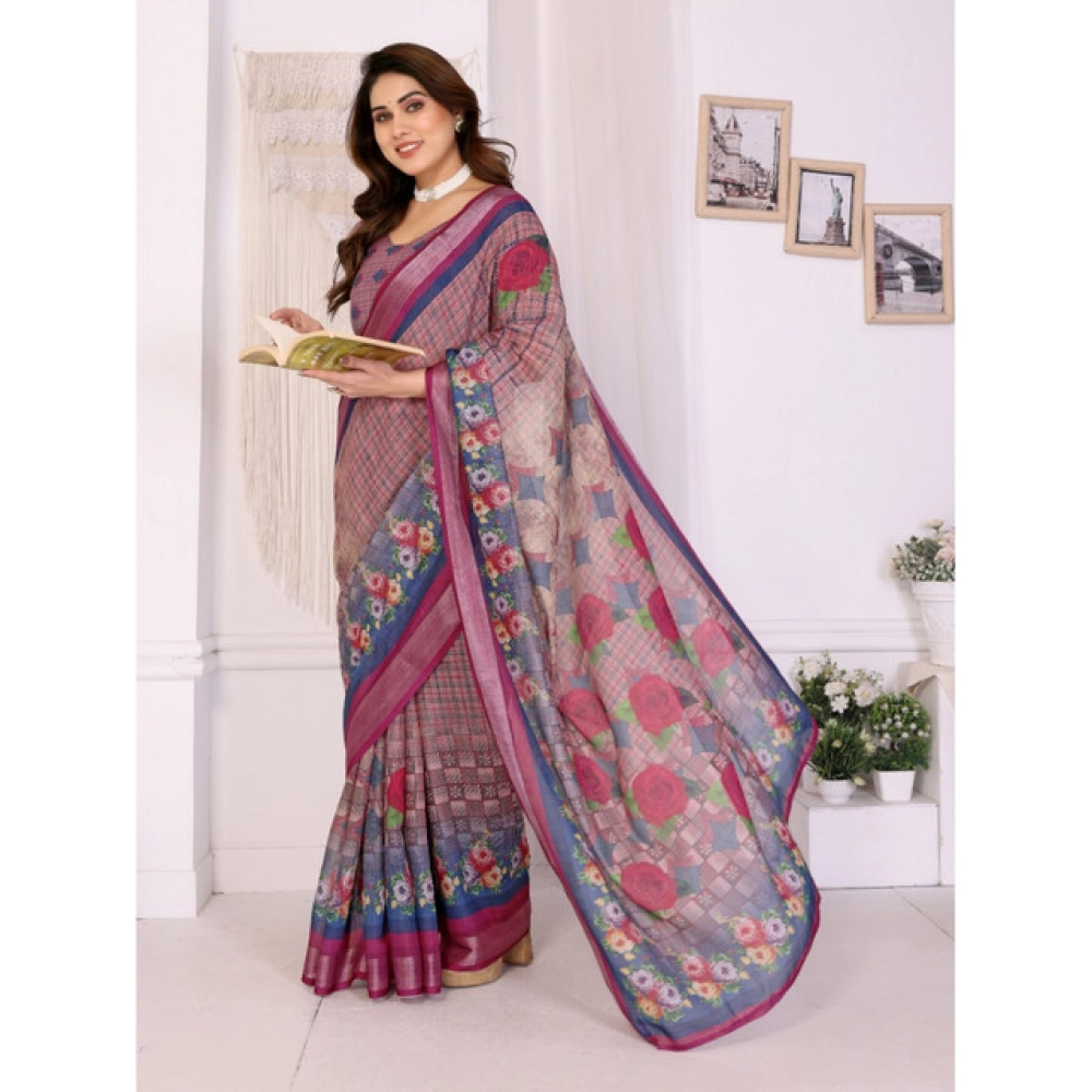 Generic Women's Linen Cotton Printed Saree With Unstitched Blouse 5.5Mtr (Wine ) - Image 3