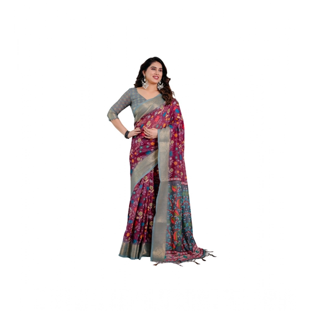 Generic Women's Linen Printed Saree With Unstitched Blouse 5.5MtrĀ (Purple)
