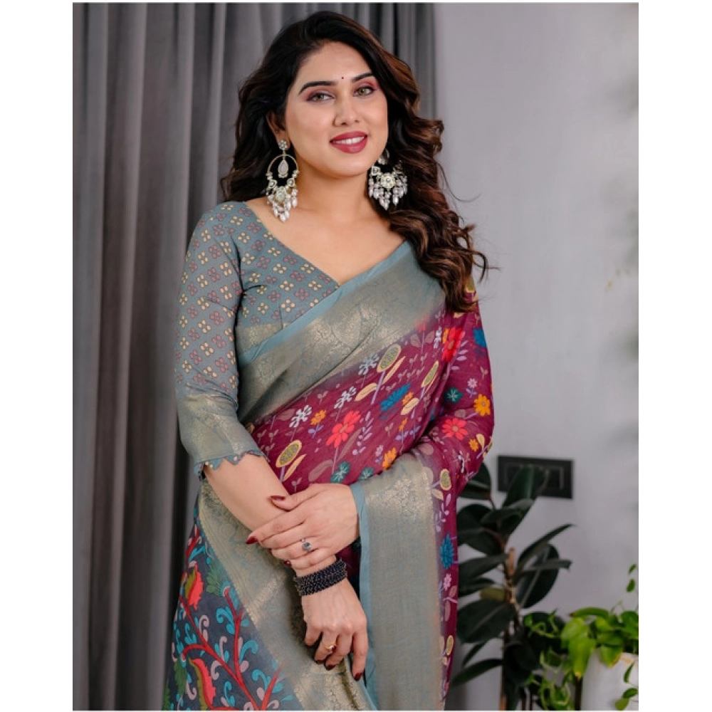 Generic Women's Linen Printed Saree With Unstitched Blouse 5.5MtrĀ (Purple) - Image 2
