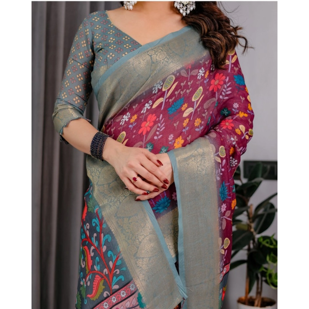 Generic Women's Linen Printed Saree With Unstitched Blouse 5.5MtrĀ (Purple) - Image 4
