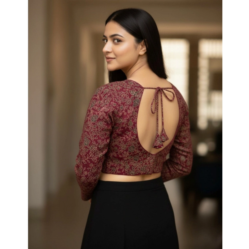 Generic Women's Ajrakh Cotton Printed V-Neck Padded Blouse (Maroon 38 Ready (Self Alterable 36–40) - Image 3