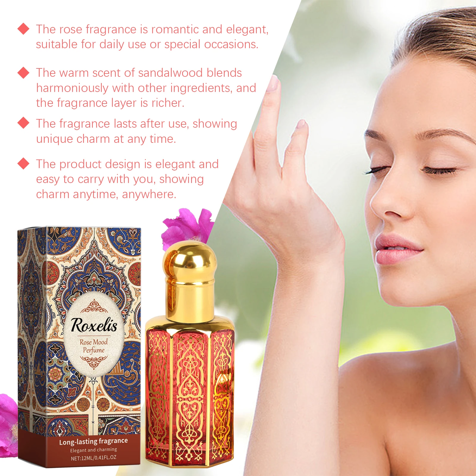 Roxelis 12ml Arab Perfume Rose Elegant Fragrance Arab Dubai Style Lasting Pheromone Dating Scent Attract Charming Rose Perfume - Image 2