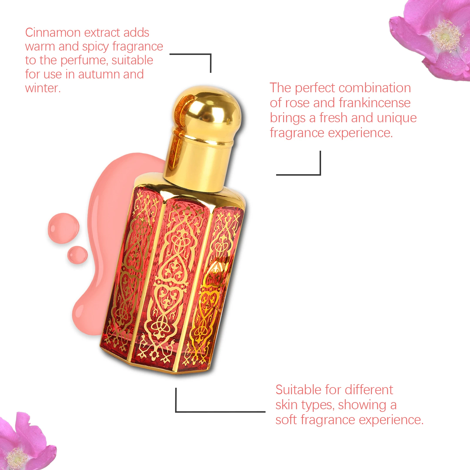Roxelis 12ml Arab Perfume Rose Elegant Fragrance Arab Dubai Style Lasting Pheromone Dating Scent Attract Charming Rose Perfume - Image 3