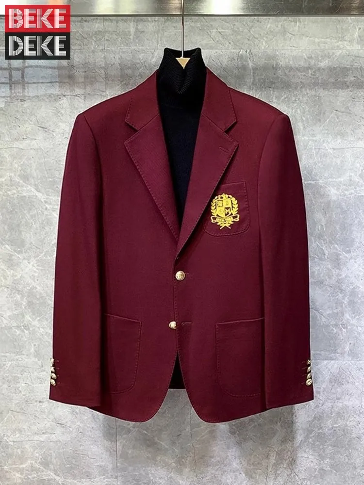 British Style Mens Business Work Blazer Badge Slim Fit Single Breasted Suit Coat Spring Autumn New Designer Dress Jacket Blazers