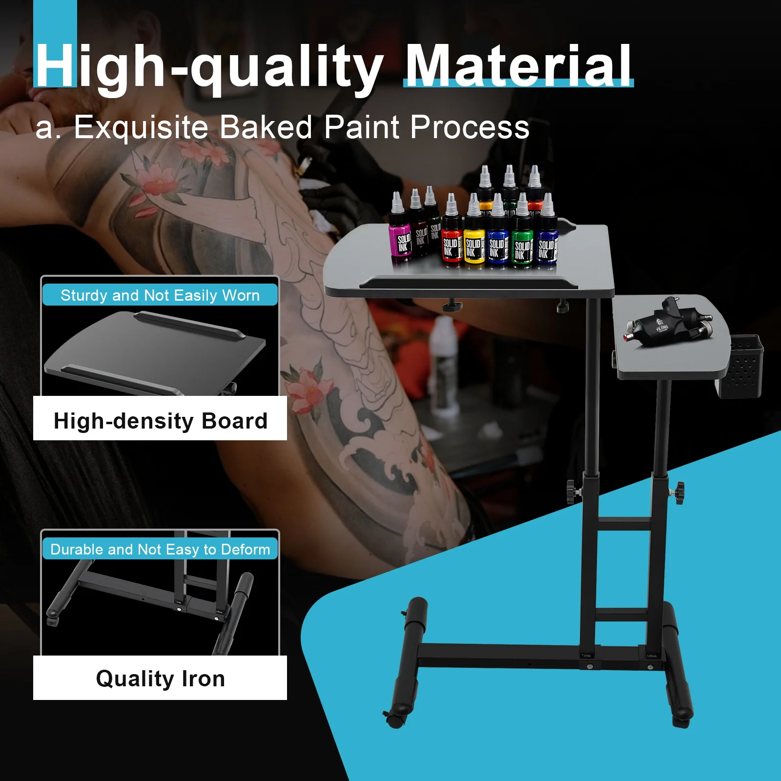 Black Adjustable Tattoo Workbench Stand Iron Density Board Baked Paint with Universal Wheels for Studio Home - Image 2