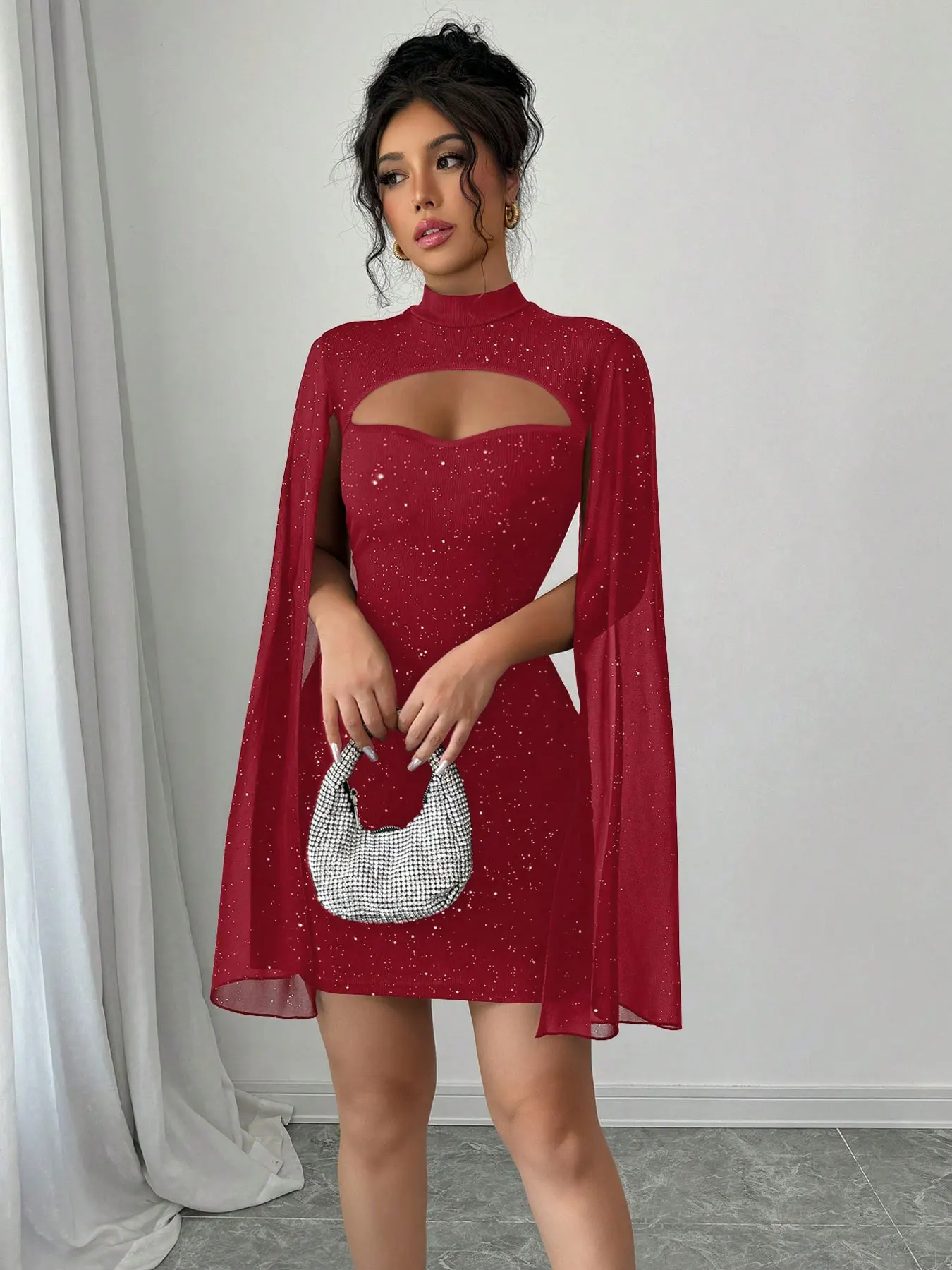Sexy Women's Stand Collar Cape Mini Dress Sequins Sparkling Club Party Night Out Fitted Bodycon Elegant Autumn Winter - Image 4