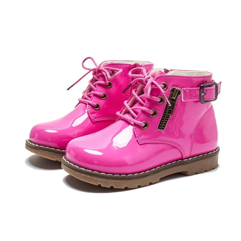 Zip up kid patent leather ankle boots lace up kid boots