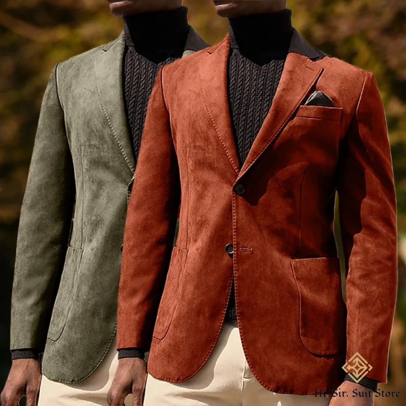 Fall/Winter Men's Outerwear Suede Velvet Casual Slim-Fit Notched Lapel Single-Breasted Blazer Tailored Men's Suit European Style
