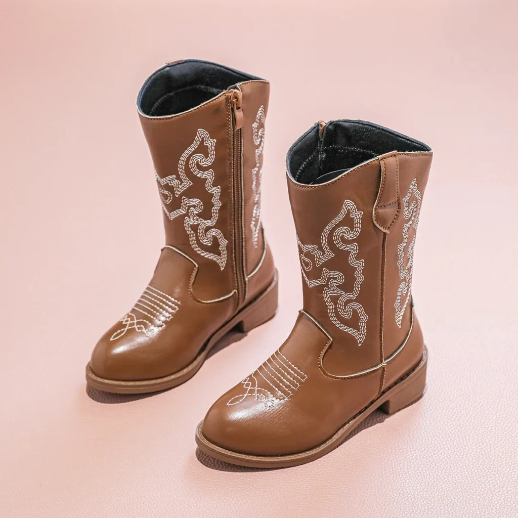 PU Cowboy Ankle Boots for Girls New Autumn Winter Kids Mid-calf Boots Non-slip Side Zip Simple Retro Kids Casual Boots