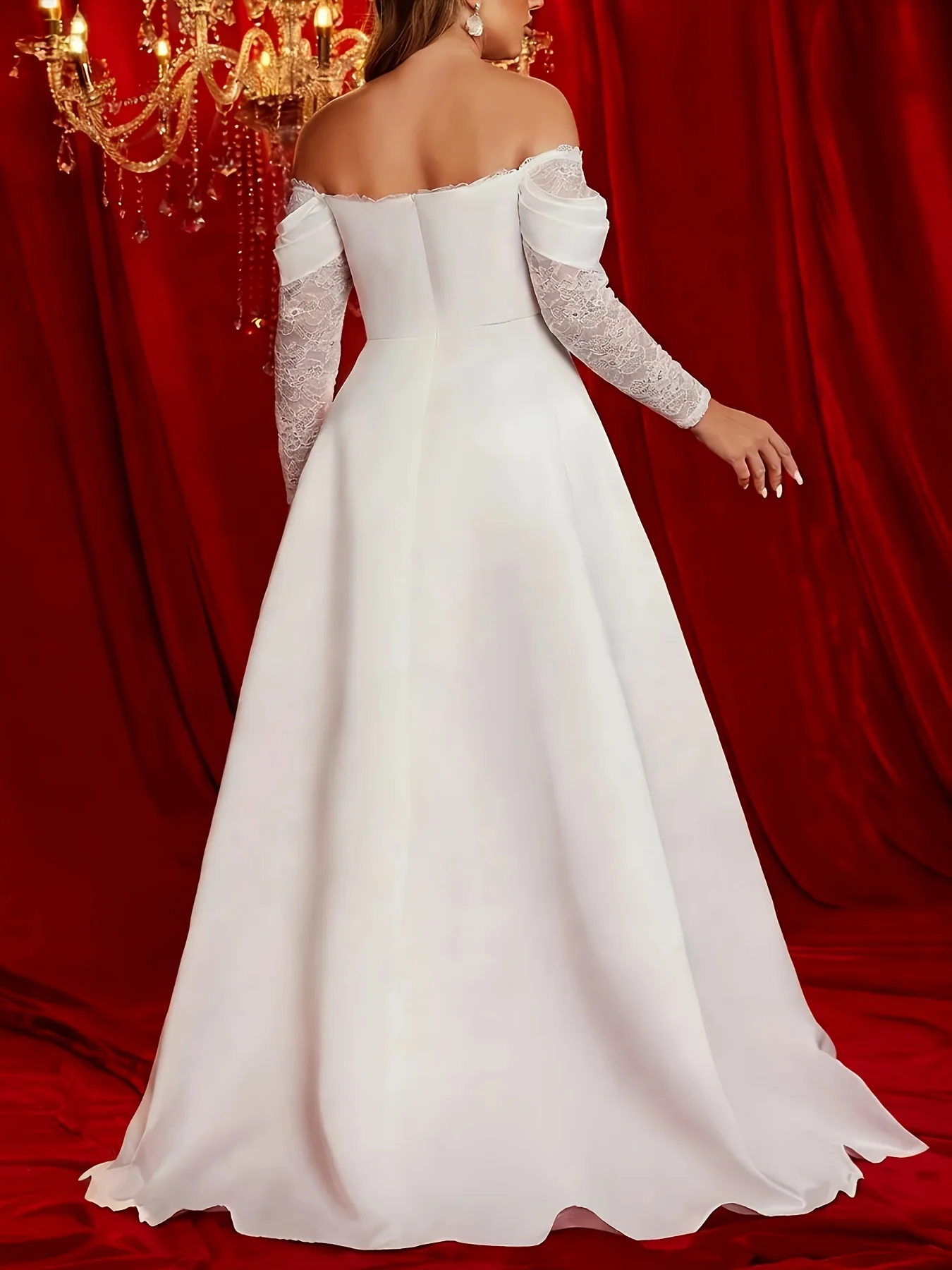 Plus Size White Off-Shoulder Wedding Dress, Lace Long Sleeve Satin A-Line Bridal Gown - Image 2
