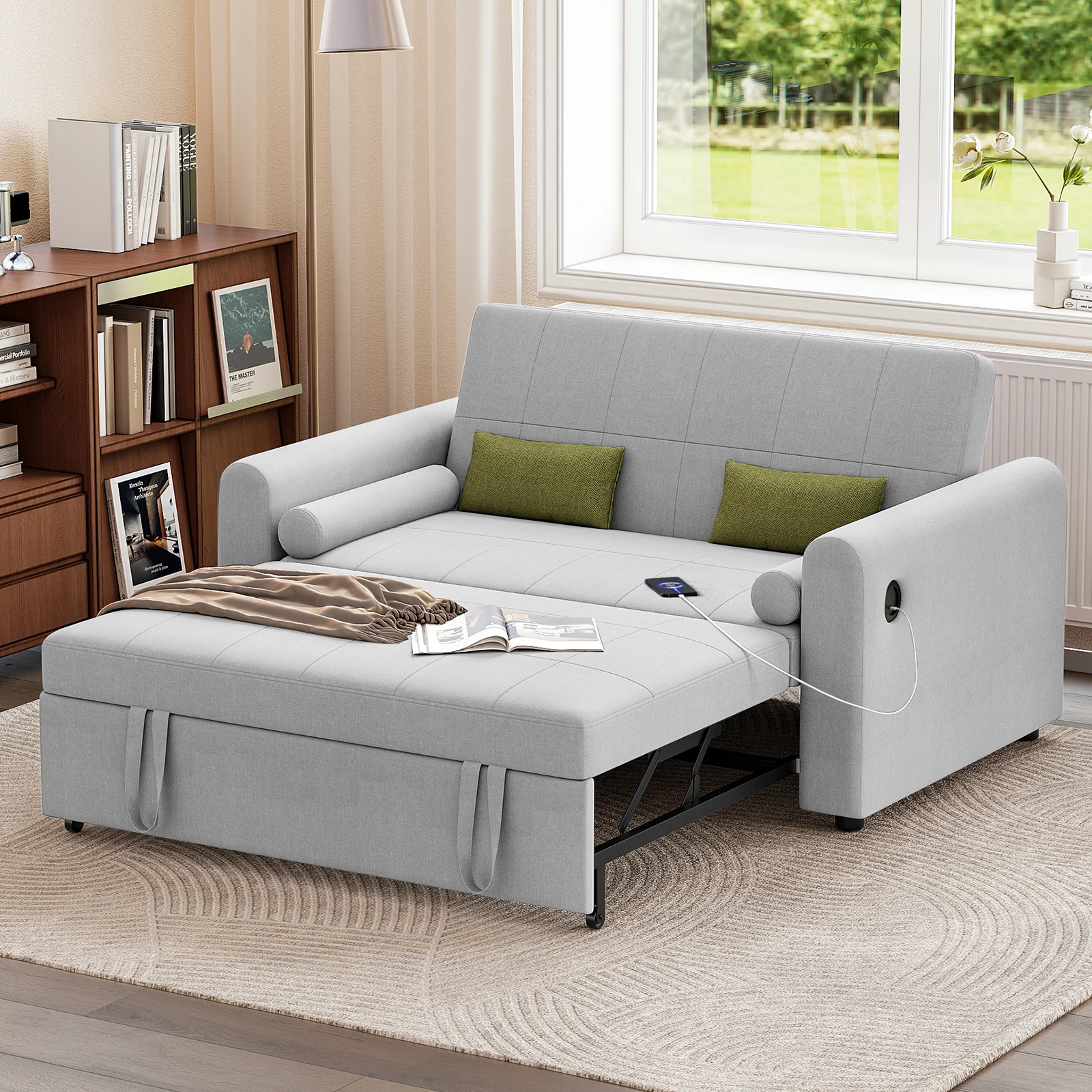 2 Seater Sofa Bed, 3-in-1 Convertible Pull Out Sleeper Sofa with 3-Position Adjustable Backrest, Side Pockets and USB - Image 3