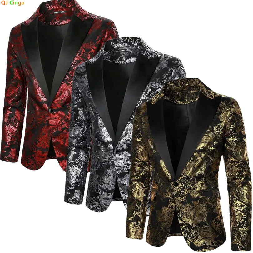 Men Gold Printed Suit Jacket, European Size V-Neck Single Button Dress Coats, Wedding/Party/Interview/Stage Performance Blazers.
