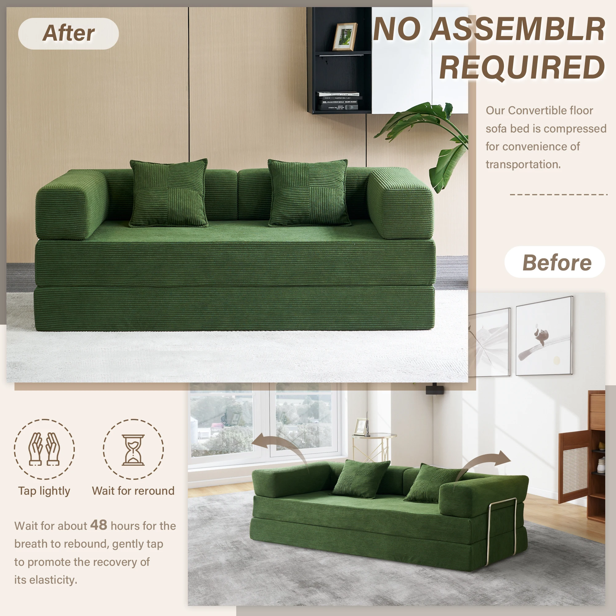 Foldable Sofa Bed, 62'' Folding Floor Couch, Compressed Convertable Sleeper Sofa, Memory Foam Couch with Pillow Back Support Ar - Image 6