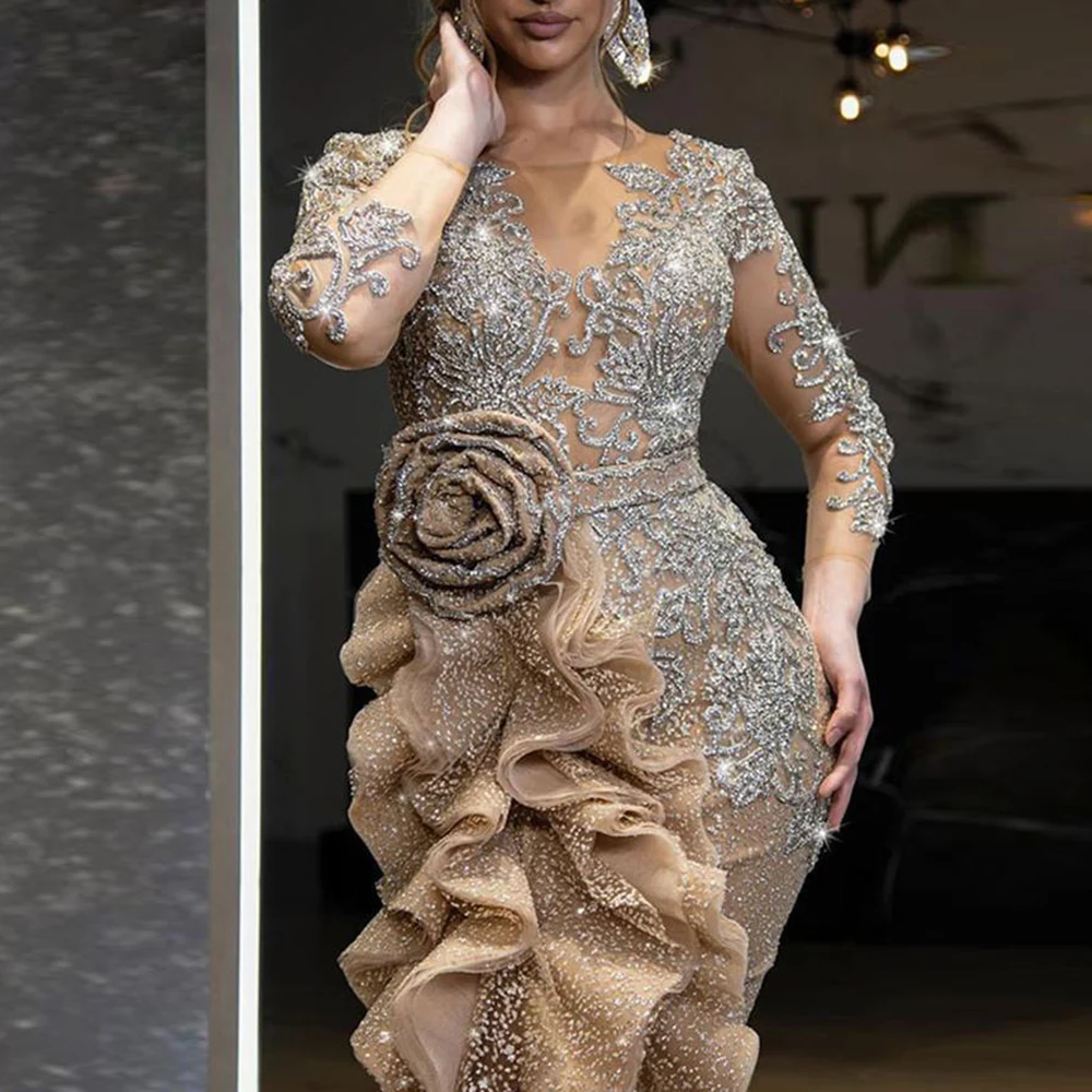 Women Elegant Luxurious Gold Sequins Evening Dress Sheer Sleeve Round Neck Ruffle Irregular Sexy High Split Wedding Maxi Dresses