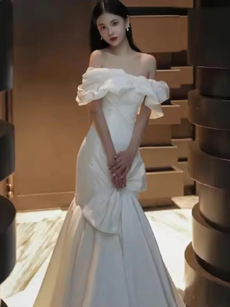 2026 Graduation Gown Off The Shoulder Mermaid Wedding Dress With Bow Lace Up Back Sweep Train Bridal Gown Elegant Bridal Dress - Image 3