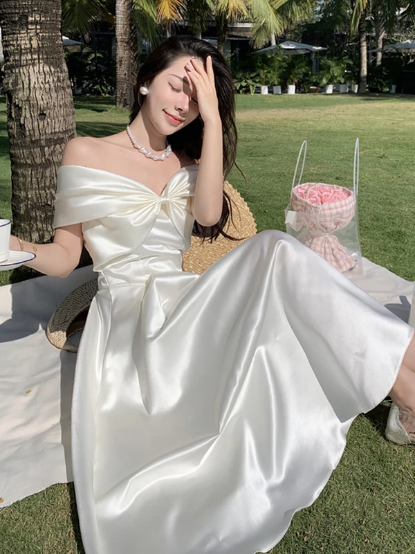 Silk Satin Birthday Dr Long Skirt One oulder Fairy Princ Dr with Bowtie High Waist Formal Evening Gown for Women