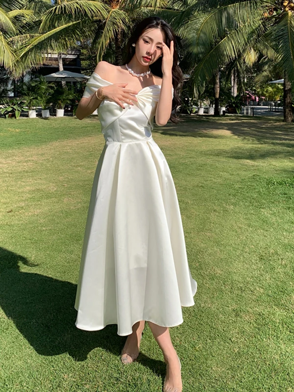 Silk Satin Birthday Dr Long Skirt One oulder Fairy Princ Dr with Bowtie High Waist Formal Evening Gown for Women - Image 4