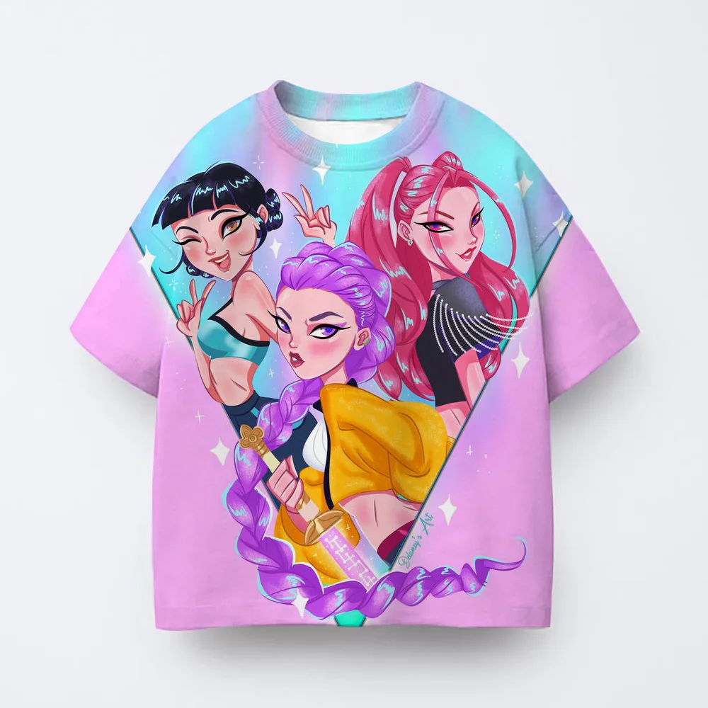 Demon Hunters Kpop T-shirt Girls Boys Short Sleeve Purple Tee Anime Children's Clothing Huntrix Tiger Harajuku Tops Tshirt Gifts