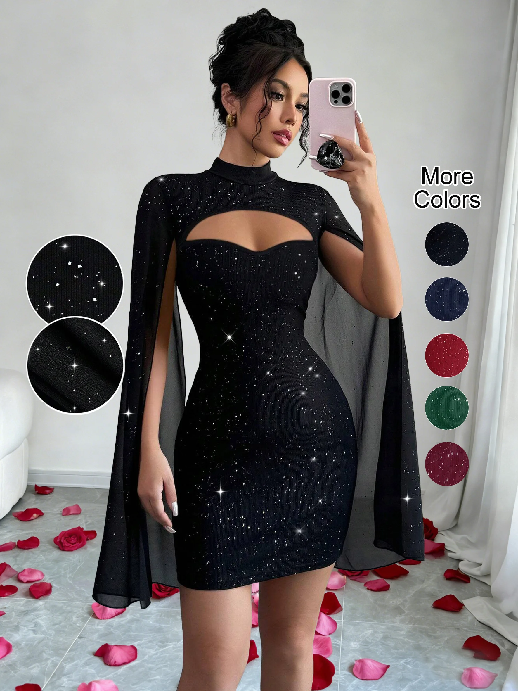 Sexy Women's Stand Collar Cape Mini Dress Sequins Sparkling Club Party Night Out Fitted Bodycon Elegant Autumn Winter