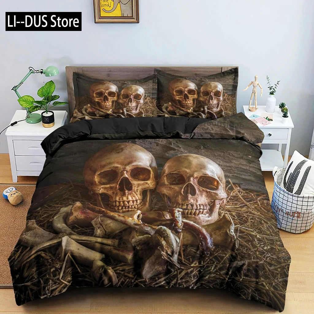 White And Black Skull Gothic Duvet Cover Skeletal Bedding Set Quilt Cover With Zipper Closure Queen Size Comforter Sets Decor