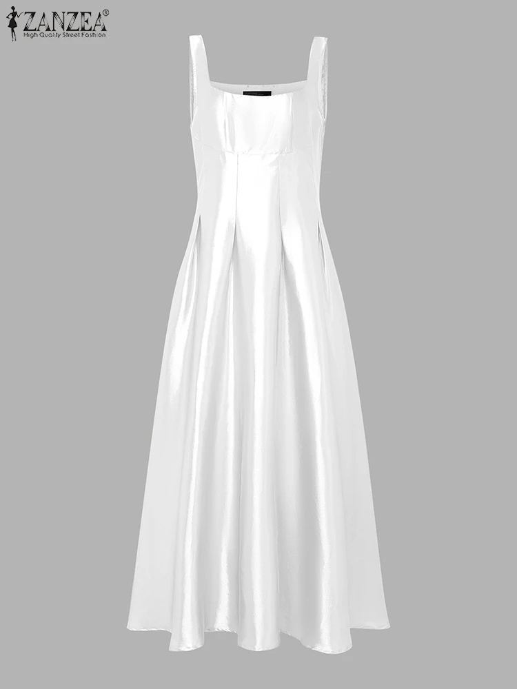 ZANZEA Women's Elegant White Satin Long Dresses Wedding Guest Cocktail Evening Party Dress Square Neck Sleeveless Woman Clothes - Image 4